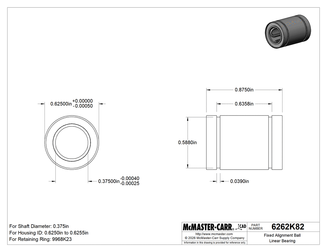 Technical Drawing of Fixed Alignment Ball Linear Bearing, 440C Stainless Steel Bearing with Stainless Steel Ball, for 3/8" Shaft Diameter.